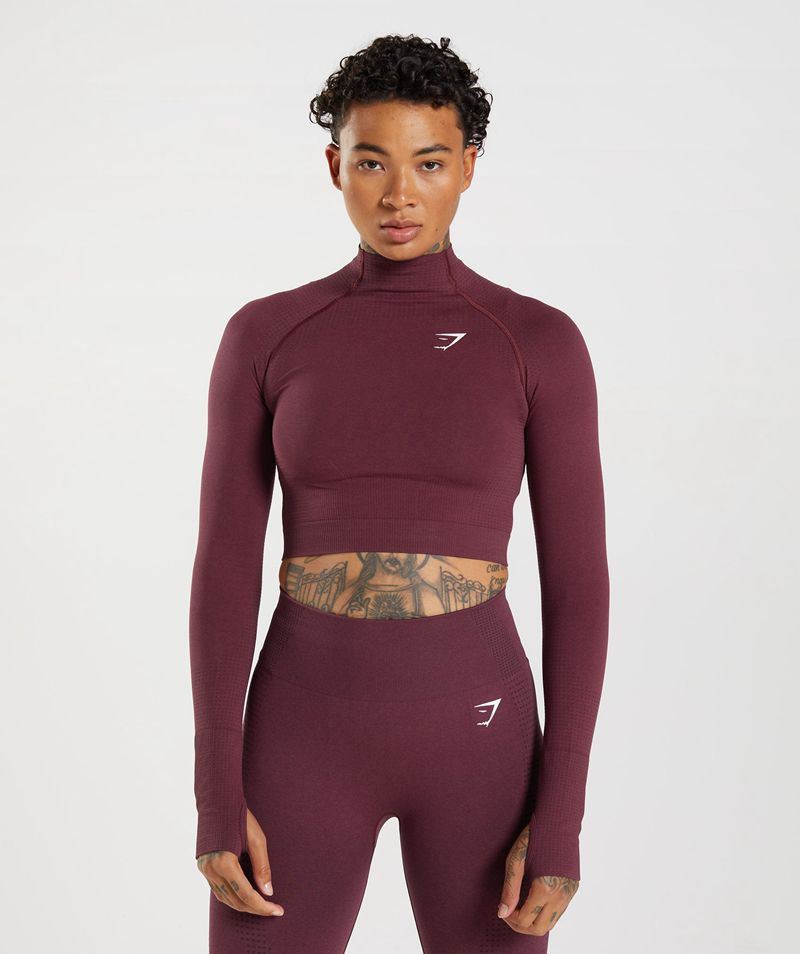 Women\'s Gymshark Vital Seamless 2.0 High Neck Midi Tops Burgundy | USA  2563-PGHIF