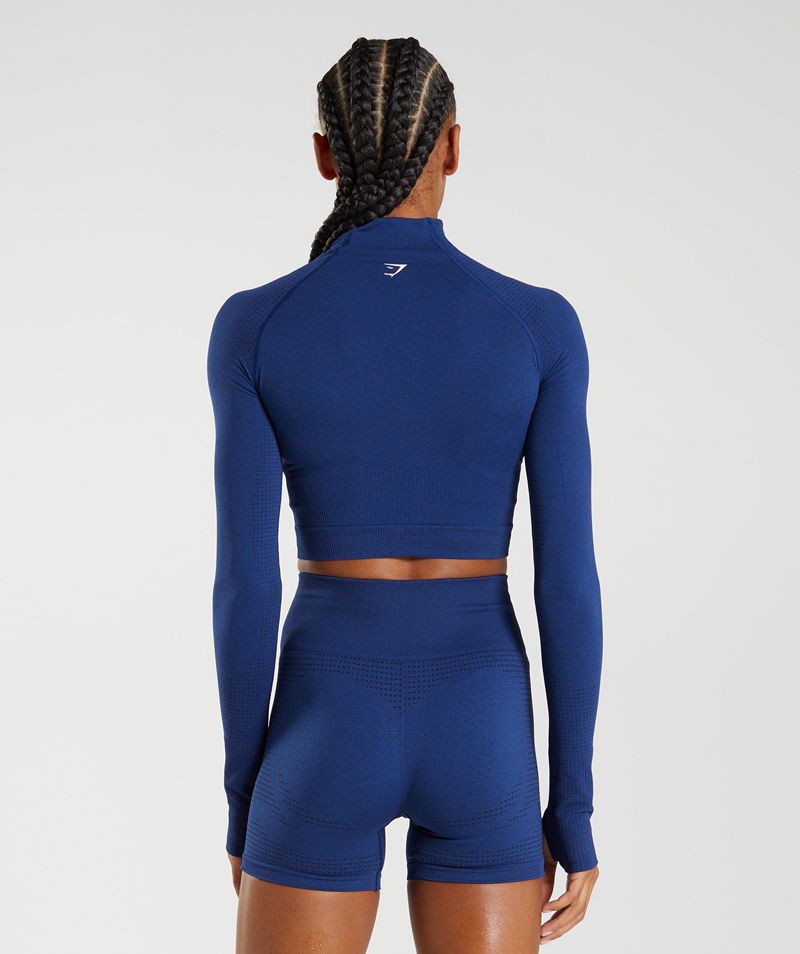 Women's Gymshark Vital Seamless 2.0 High Neck Midi Tops Blue | USA  2649-TLQJE