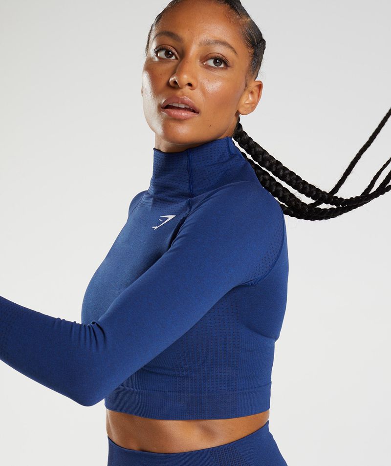 Women's Gymshark Vital Seamless 2.0 High Neck Midi Tops Blue | USA  2649-TLQJE