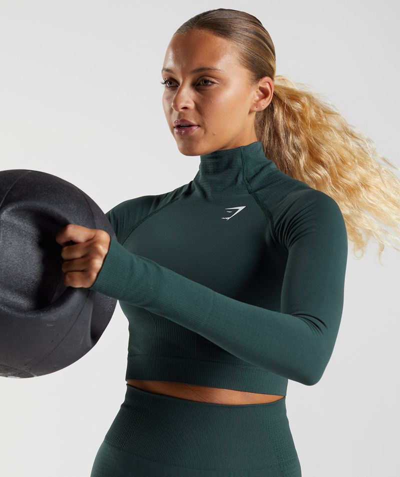 Women's Gymshark Vital Seamless 2.0 High Neck Midi Tops Green | USA  7392-AGIBM