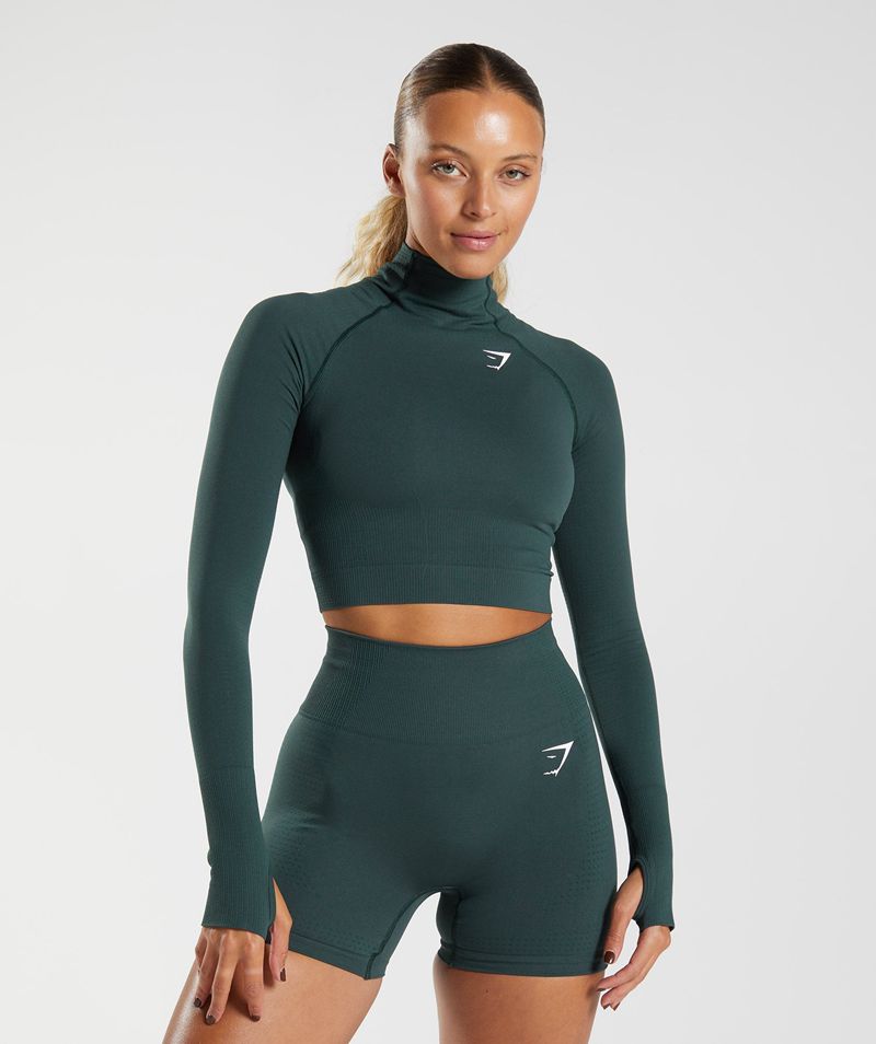 Women\'s Gymshark Vital Seamless 2.0 High Neck Midi Tops Green | USA  7392-AGIBM