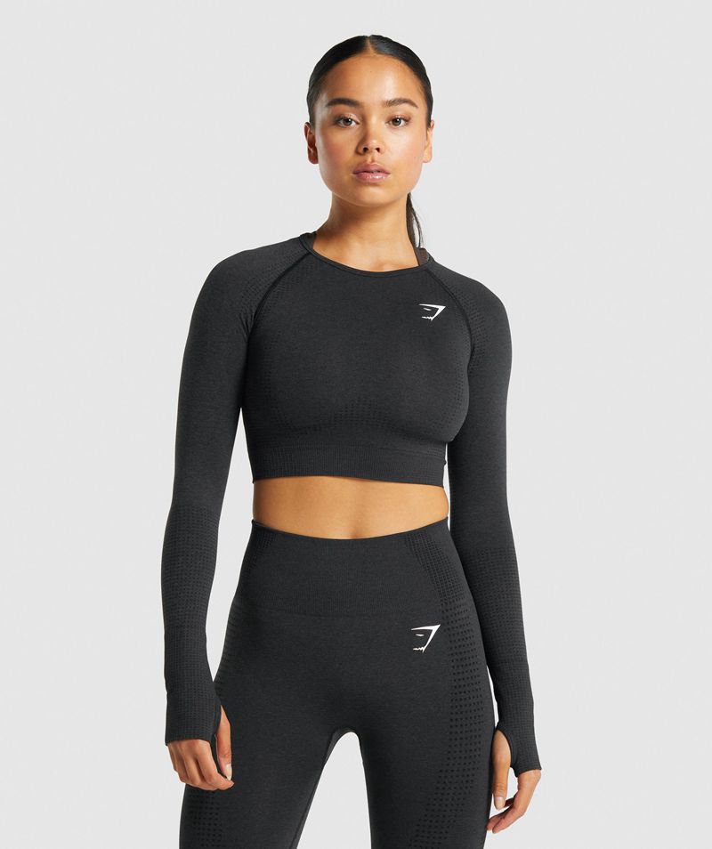 Women\'s Gymshark Vital Seamless 2.0 Long Sleeve Crop Tops Black | USA  1846-KBIDM