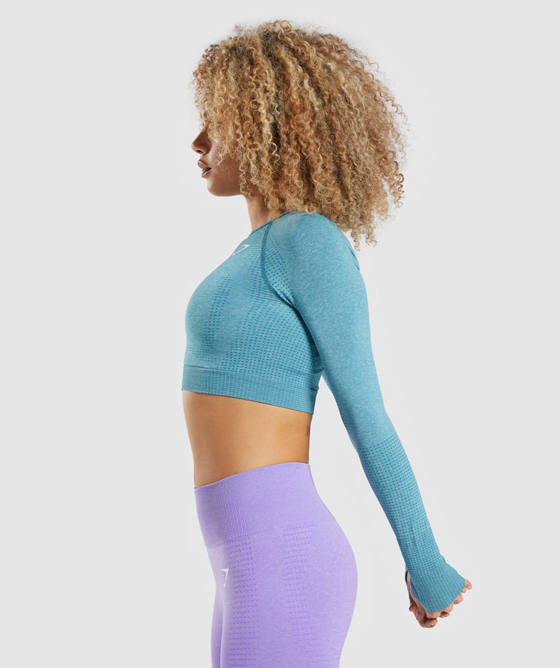 Women's Gymshark Vital Seamless 2.0 Long Sleeve Crop Tops Blue | USA  9018-GKJSN