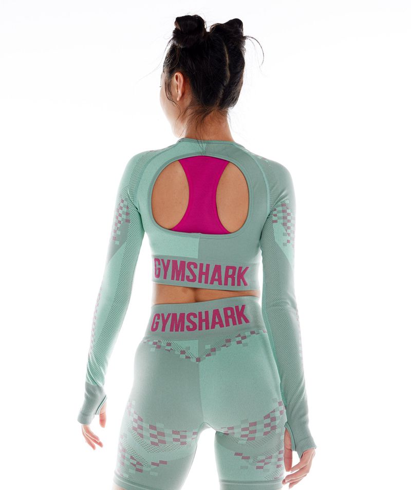 Women's Gymshark Wtflex Cyborg Seamless Long Sleeve Crop Tops Turquoise | USA  8145-LCWUZ