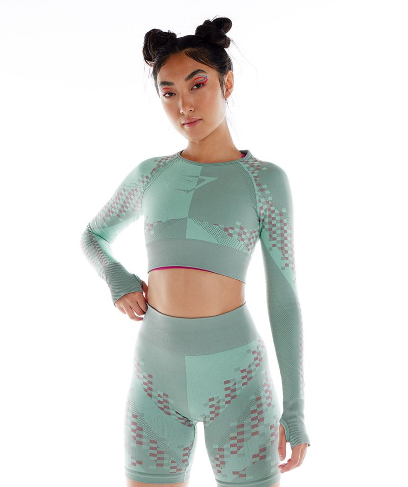 Women\'s Gymshark Wtflex Cyborg Seamless Long Sleeve Crop Tops Turquoise | USA  8145-LCWUZ